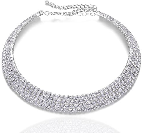 LucBuy Colliers Ras du Cou en Strass, 5 Rangées Collier de Diamants en Argent,Bijoux de Chaîne de Collier de Tennis en Cristal,Mode Demoiselle d'honneur Nuptiale Mariage Fête Bal Colliers pour Femmes