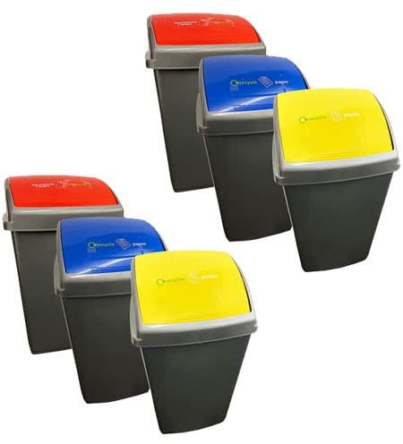 Large Grey 50 Litre Commercial Waste Utility Recycling Bins Set Of 3 With Colour Coded Swing Lids Blue, Red & Yellow (Set Of 6-2 Yellow, 2 Red & 2 Blue)