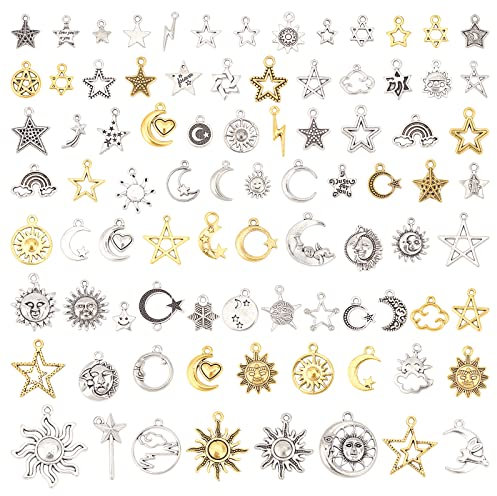 SUPERFINDINGS 2 Beutel 2 Farben Sonne Mond Stern Schmuckherstellung Charm Anhänger Im Tibetischen Stil Glattes Tibetisches Silber Metall Charms Anhänger Für Die DIY Handwerk