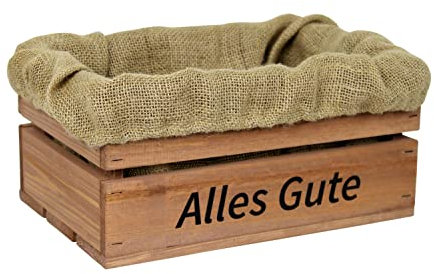 HW HOLZKISTEN-WELT Holzkiste Braun mit Aufdruck Alles Gute mit Juteeinlage - Stiege Steige Geschenkverpackung Präsentkorb Geschenk