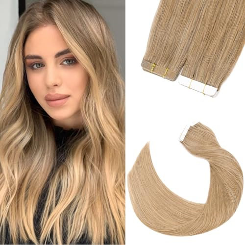Silk-co Tape in Extensions Echthaar 20stk, leicht Version Tape Extensions Echthaar, Remy Haarextensions Tape in Haarverlängerung Kleber Skin Weft 20g 27# Dunkelblond 25cm