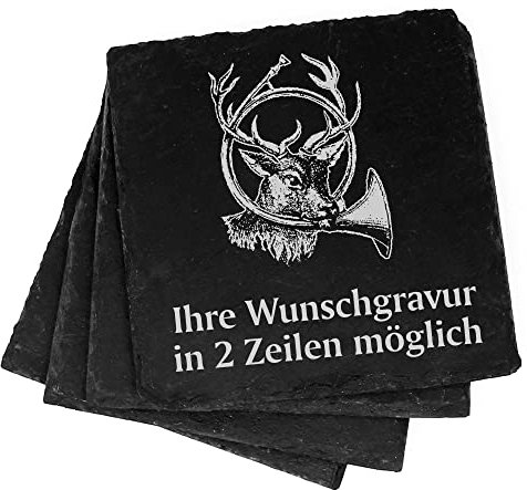 4X Hirsch mit Waldhorn Deko Schiefer Untersetzer Wunschgravur Set - 11 x 11 cm Flaschenuntersetzer Glasuntersetzer Tassenuntersetzer