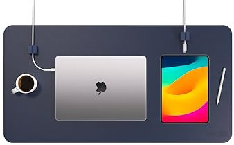 Function101 Desk Mat Pro + Magnetic Cable Management System, Premium Eco Leather Desk Pad/Two (2) Silicone Cable Block Provides Magnetic Cable Organization, Faux Suede Bottom (31” x 16”) Navy