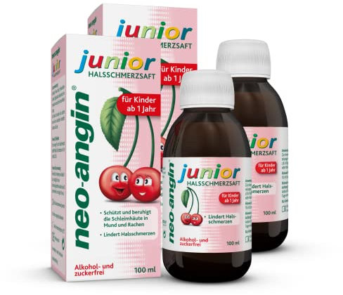 neo-angin junior Halsschmerzsaft mit leckerem Kirschgeschmack | lindert Halsschmerzen & beruhigt die gereizte Schleimhaut |für Kinder ab 1 Jahr |zuckerfreier Hustensirup mit Isländisch Moos | 2x100 ml
