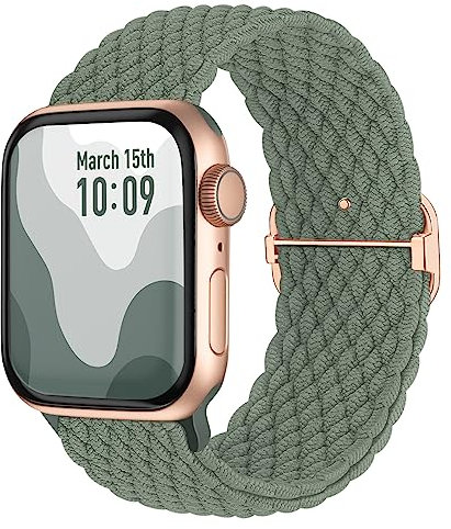 Suitisbest Nylon Armband Kompatibel mit Apple Watch 38mm 40mm 41mm 42mm, Rutschfestes Geflochtenes Elastisches Dehnbares Band für Apple Watch 10 9 8 SE 7 6 5 4 3 2 1, Altgrün