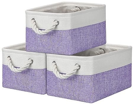 Small Storage Baskets with Rope Handles, Collapsible Fabric Storage Box, Small Linen Basket for Bedroom Bathroom Cupboards Shelves Wardrobe (31x21x16cm/3 Pack, White Purple)