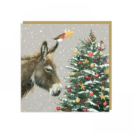 Charity Christmas Cards -Donkey and Robin Decorating a Christmas Tree with Foil Details - Eco-Friendly - Pack of 6 Cards - By Art Beat
