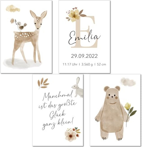 LALELU-Prints Poster Kinderzimmer Bilder I personalisiert mit Name, Geburtsdaten und Spruch I Geschenk Geburt Geburtsposter Mädchen Junge I A4 ohne Rahmen B (P01 Reh Boho)
