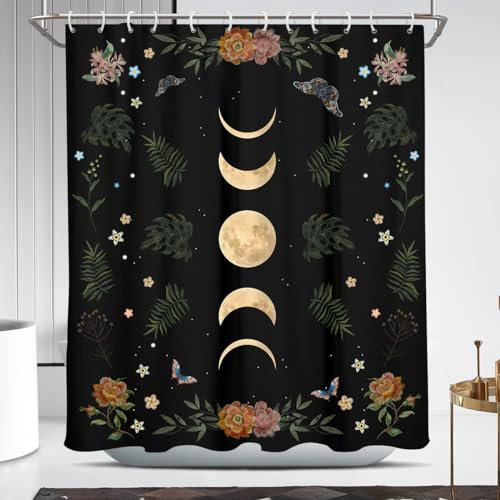 Coxila Lot de 12 crochets de rideau de douche Phase de lune gothique gothique sorcière céleste hippie Halloween effrayant noir foncé floral fleur humour fantaisiste galaxie étoile espace fun 152,4 x