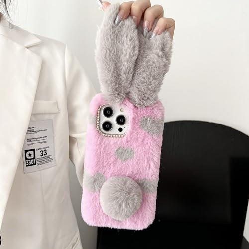 CrazyLemon für iPhone 13 Mini Hülle, Flauschiger Plüsch Lila Grau Hase Handyhülle mit 3D Schönen Pelzigen Ohren Schwanz für Frauen Mädchen Kinder Weiche TPU Rückseite Winter Warme Hülle