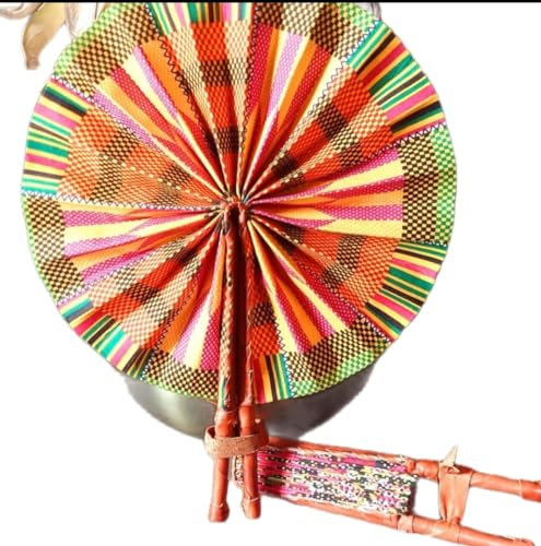 Raynaason African Kente Print Folding Handheld Hand Fan Hand-Crafted (Multicolour)
