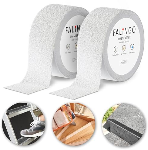 FALINGO Ruban adhésif antidérapant, 2 rouleaux 5 cm x 5 m, ruban adhésif de sécurité antidérapant en PVC, autocollant, escaliers, marches, antidérapant à l'intérieur et à l'extérieur (Blanc)