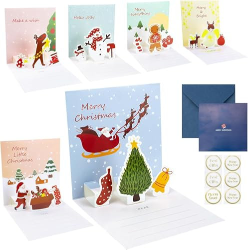 Fyvadio Weihnachtsgrußkarten, 3D Pop Up Karten Handgemachte Karten mit Umschlag, 6 PCS Postkarten Pop Up Grußkarten Frohe Weihnachten Karten für Weihnachten, Urlaub, Neujahr