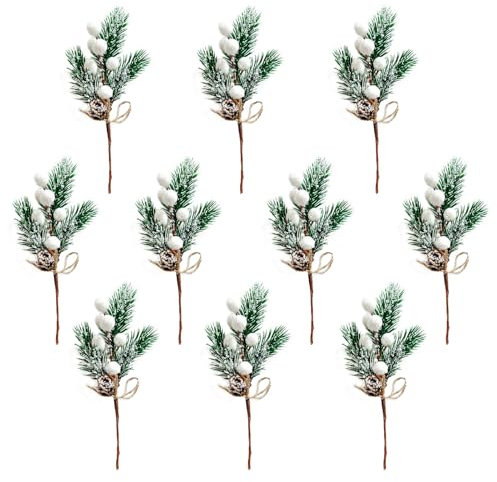 Tanant 10 Stück Tannenzapfen, Rote Beeren Pflücken, Künstliche Tannennadeln, Tannennadelzweige mit Roten Fruchtstielen für Vase, Blumenarrangement, Kranz, Winter, Feiertage, (Beflockung