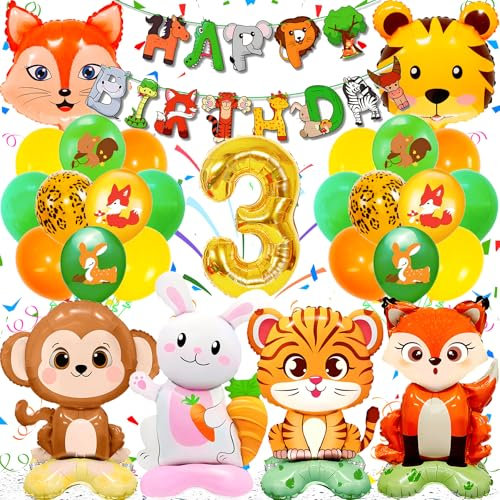 Zaztytoy Waldtiere Geburtstag Deko 3 Jahre Kinder - 28Pcs Tiere Luftballon Set, XXL Folienballon Tiere mit Sockel, Einfach zu Montieren, Geeignet für Party Animals, Zoo Themen Kindergeburtstag Deko