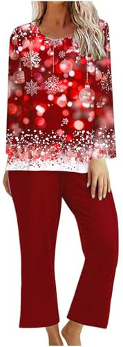 Mrat Weihnachtspyjama-Set für Damen, langärmelig, Caprihose, weites Bein, Hose, Baum, Weihnachten, Rentier, niedlicher Elch, Weihnachts-Pjs, Rotweingläser, Schneemann, Weihnachtsmann, Pyjama-Set