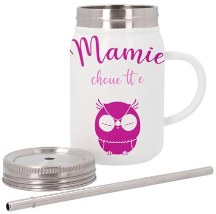 Insulated Stainless Steel Mug with Lid and Straw – Granny Owl Grandmother Cute Owl – 500 ml – Thermo Mug