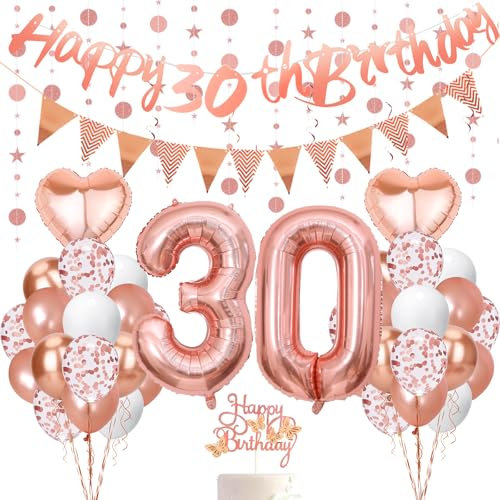 UDRKFOPK 30. Geburtstag Frauen Deko, Roségold, Happy Birthday Girlande, Luftballons, Metallic Gold, Glitzer Gold, Cake Topper, Punktkleber, Band