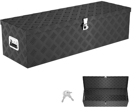 Aufun Truckbox 80L Werkzeugbox Aufbewahrungsbox Aluminiumkoffer Transportbox, Deichselkasten für PKW Anhänger LKW Nutzfahrzeuge Staubox Werkzeugkiste Gurtkiste Alukiste (Schwarz, 99x33x25.5cm)