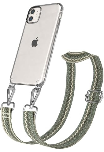 EAZY CASE Handykette - Verstellbares Taschenband kompatibel mit iPhone 11, Schulterriemen, Handykordel mit Silikon Hülle, Umhängetasche, Grün Beige Silber