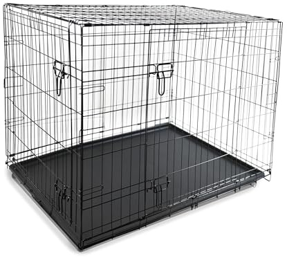 DIVCHI Dog Crate Heavy-Duty Folding Dog Cage for Large Dogs, Chew-Resistant Metal Cage with Front & Side Doors, Removable Easy-Clean Plastic Tray & Carry Handle (Black, 91.5 x 58 x 63 cm)