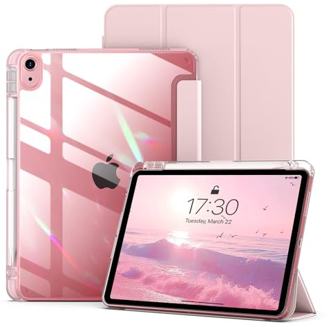 ZKTUYU for iPad (A16) 11th Generation Case 11 inch 2025 / iPad 10th Generation 10.9 inch 2022, Transparent Clear Hard Back Tri-fold Stand Smart Case with Pencil Holder, Auto Wake/Sleep, Pink