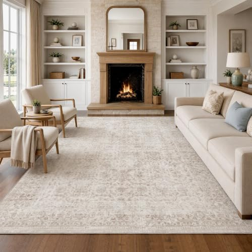 FMFUNCTEX 244x305 cm Waschbarer Teppich Beige Vintage Neutral Used-Look Groß Rutschfest Teppich für Wohnzimmer Schlafzimmer Weich Niedriger Flor Innenmatte Retro Blumenmuster Überwurf Teppich für
