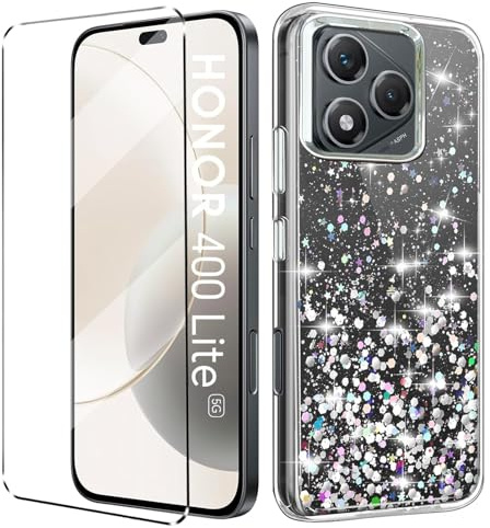 HuiYouMY Glitter Bling Case Cover Compatible with HONOR 400 Lite Phone Case with 1 Pack Tempered Glass Screen Protector Phone Case,Soft TPU Slim Fit Shockproof Anti-Scratch-Clear