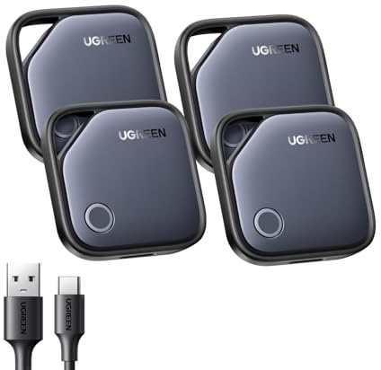 UGREEN Finetrack 4er Pack unterstützt USB C Aufladen, Bluetooth Tracker kompatibel mit Apple Find My (nur iOS), Smarttag bis zu 12 Monate Batterielebensdauer, Finder für Schlüssel, Koffer, Pass