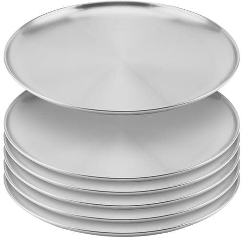 MUKSEUT 6 Stück Edelstahlteller 30cm, Servierteller Rund | Metallteller Geschirr Set, Wiederverwendbar, Edelstahl Teller für Camping, Grill, Picknick