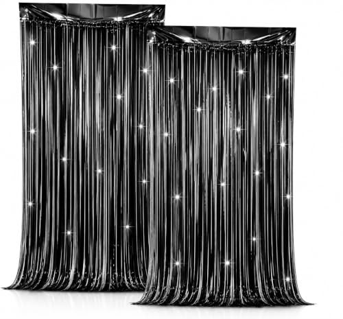Matte Black Tinsel Foil Curtain 2Pcs - Party Decor 3.2ft x 6.4ft | Shimmering Door & Wall Decoration for Birthday, Wedding, Christmas, New Year, Photo Booth & Event Decoration