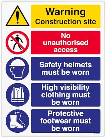 V Safety Panneau de sécurité multi-message pour chantier de construction – Avertissement, interdiction d'accès non autorisé, casques, haute visibilité, chaussures de protection PPE – 300 x 400 mm