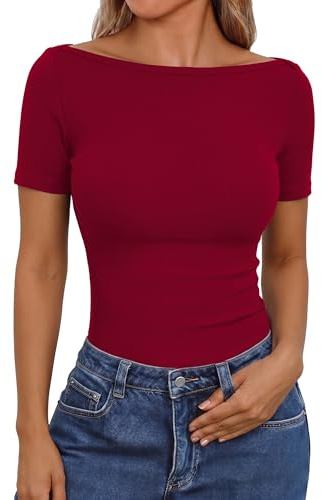 Aottori Camiseta Mujer Manga Corta para Verano Canalé Elástico Cuello Barco | Punto Acanalado, Corte Ajustado, Diseño de Capa Base, Tejido Ligero, Estilo Casual, Acabado Liso
