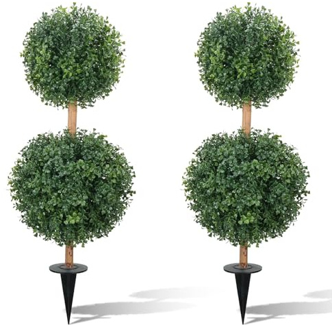2Pcs Artificial Boxwood Topiary Balls Trees with Ground Spikes 32 Inch Artificial Ball Plants Trees Outdoor UV Resistant Fake Evergreen Tree Faux Shrubs Plants for Garden Yard Patio Home Decor