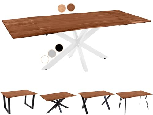 SAM Baumkantentisch 180 (280) x 90 cm Avino, Akazienholz nussbaumfarben & massiv, Esszimmertisch mit 2 Ansteckplatten, Weißes Spider-Metallgestell, Esstisch ausziehbar 8-10 Personen