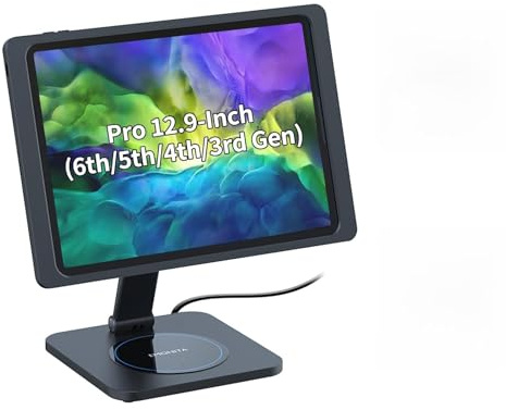EMONITA Magnetic iPad Stand with Wireless Phone Charger, 45W Fast Charging, 360-Degree Rotation, 90-Degree Tilt (Black, For iPad Pro 12.9)