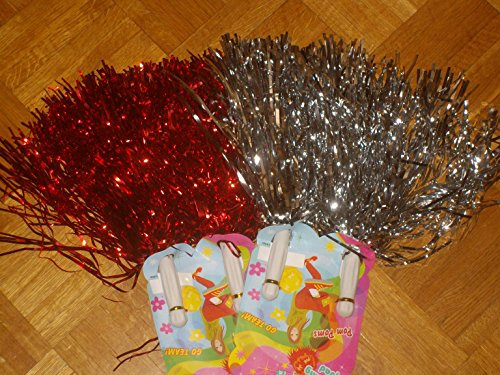 2er SET Tanzwedel Pompon Cheerleader Puschel funkelnd rot + silber