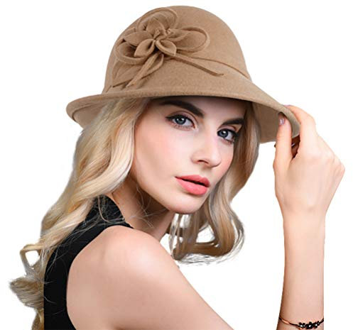 Bellady Damen solid Color-Winter-Hut 100% Wolle Cloche Eimer mit Bogen Akzente Style2_Camel One Size