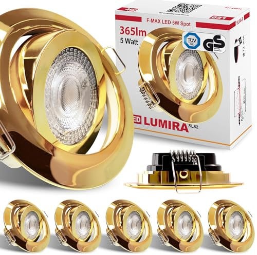 max K O M F O R T - 6x LED Einbaustrahler Ultraflach 5 Watt Gold schwenkbar 230V Rund warmweiß Deckenstrahler Spot Deckenspot Lumira