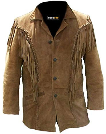 Native American Jacket Genuine Suede Leather Jacket with Fringe Cowboy Western Stylish Coat Black - black - Large