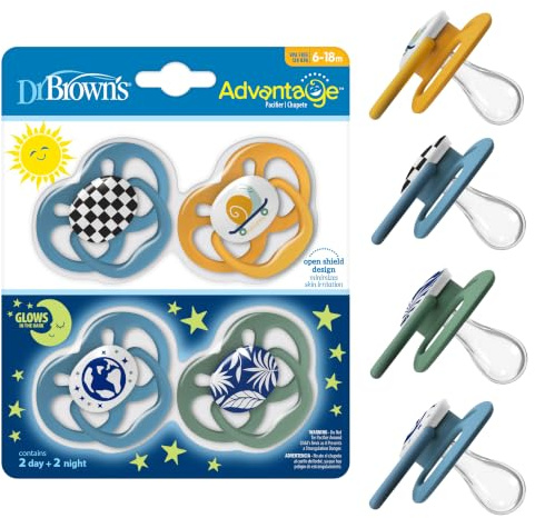 Dr. Brown's Advantage Glow-in-The-Dark Baby Pacifier, Fully Symmetrical Soother with Soft Silicone Bulb, Skateboard Snail-Blue Nature, 6-18m, BPA Free, 4 Pack