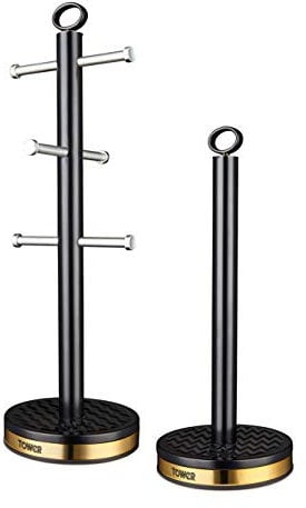 Tower T826092BLK Empire Mug Tree and Towel Pole Set, Stainless Steel, Anti-Slip, Black and Brass