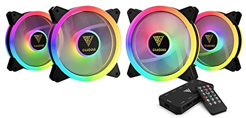 GAMDIAS 120mm ARGB PC Computer Case Fan, 4 Fan Pack, Fan Speed & Lighting Remote Control, MB Sync, with Control Box, Built-in 55 Light Effects, Black