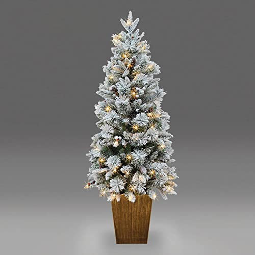 SHATCHI 4Ft/1.2m Pre Lit Potted Snow Flocked Christmas Tree with 80 Warm White LED Lights Changing 8 Modes, Pine Cones and Red Berries Snowy Tips, Green, 120cm