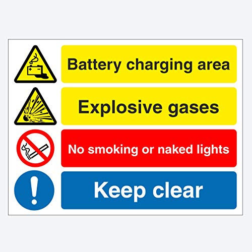 Battery Charging Area Multi Safety Sign 200mm x 150mm Self Adhesive Vinyl Sticker Ideal for Forklift Truck Areas (1)