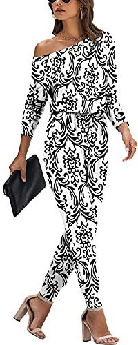 YUNDAI Womens Jumpsuits One Piece Casual Off Shoulder Playsuit Long Sleeve Overalls Elastic Waist Stretchy Romper with Pockets XX-Large,Black White