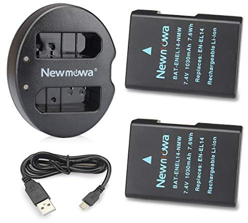 Newmowa Ersatz Akku EN-EL14 (2er Pack) und tragbar USB Ladegerät Kit für Nikon EN-EL14 EN-EL14a Nikon D3100 D3200 D3300 D3400 D3500 D5100 D5200 D5300 D5500 D5600 P7000 P7100 P7700 P7800 Df