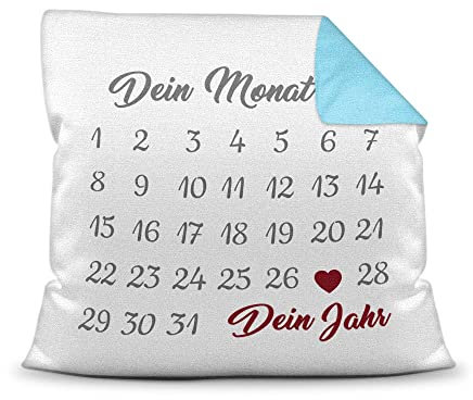 PR Print Royal Kissen Kalender selbst gestalten - mit anpassbarem Jahrestag, mit Namen & Text Bedrucken - Geschenk Valentinstag, Jahrestag, Paar, Liebe - inkl. Füllung, Farbkissen Rückseite Hellblau