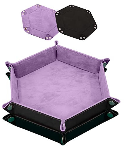 SIQUK 2 Stück Würfelbretter Doppelseitig Würfelbrett, Samt Faltbar Würfeltablett Hexagon Würfelteller Leder Würfelbretter für RPG DND Dragons Würfel Gaming (Lila, Schwarz)