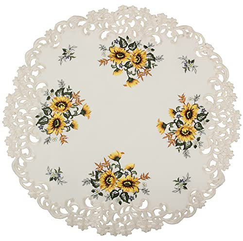 HanaQi Stickerei Sonnenblumen Mitteldecke auf Ecru - Crème Satin Optik Polyester Grundfarbe, ca. 60 cm Rund